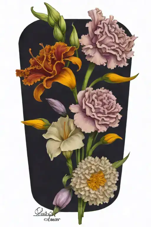 birth flower bouquet with marigold, a carnation, and a gladiolus tattoo design idea