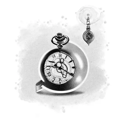 black and white broken pocket watch tattoo in Roman numbers with some watch parts around it   tattoo design idea