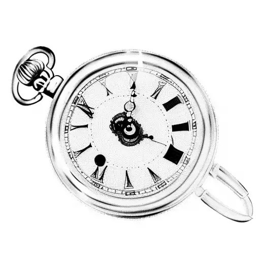 black and white damaged pocket watch in Roman numbers for leg tattoo with some watch parts and some hour wheels inside a tattoo design idea