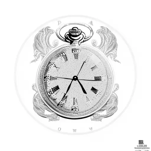 black and white broken pocket watch in Roman numbers with some watch parts around it   tattoo design idea