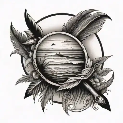 PLAGE AVEC UNE PETITE PLANCHE DE SURF AUTOUR D'UN ROND. AU DESSUS IL Y A UNE CROIX CHRETIENNE ET DES AILES D'ANGES tattoo design idea