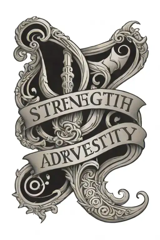 Strength in Adversity text scroll tattoo design idea
