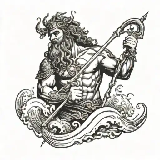 A dotwork tattoo of Poseidon holding a trident with waves crashing around him tattoo design idea