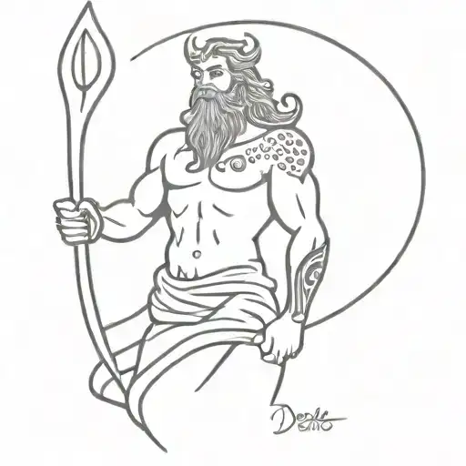 A dotwork tattoo of Poseidon holding a trident with waves crashing around him tattoo design idea
