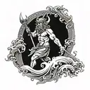 A dotwork tattoo of Poseidon holding a trident with waves crashing around him tattoo design idea