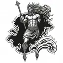 A dotwork tattoo of Poseidon holding a trident with waves crashing around him tattoo design idea