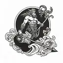 A dotwork tattoo of Poseidon holding a trident with waves crashing around him tattoo design idea