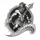 A dotwork tattoo of Poseidon holding a trident with waves crashing around him tattoo design idea