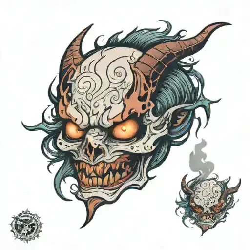 demons white eyes looking over hell smoking and drinking tattoo design idea