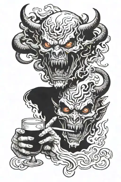 demons white eyes looking over hell smoking and drinking tattoo design idea