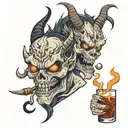 demons white eyes looking over hell smoking and drinking tattoo design idea