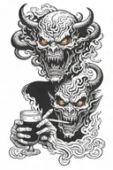 demons white eyes looking over hell smoking and drinking tattoo design idea
