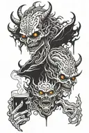 demons white eyes looking over hell smoking and drinking tattoo design idea