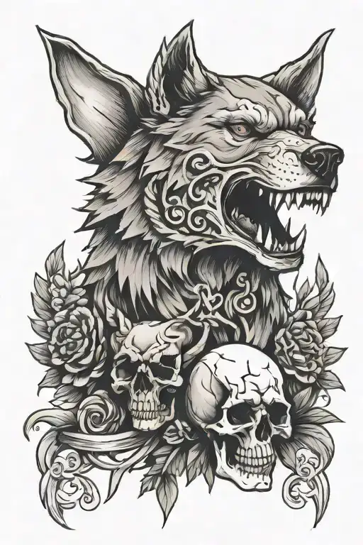 wolf head, human skull, and Roman numeral 3  tattoo design idea