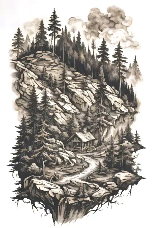 burned forest hillside slopes down towards tattoo design idea