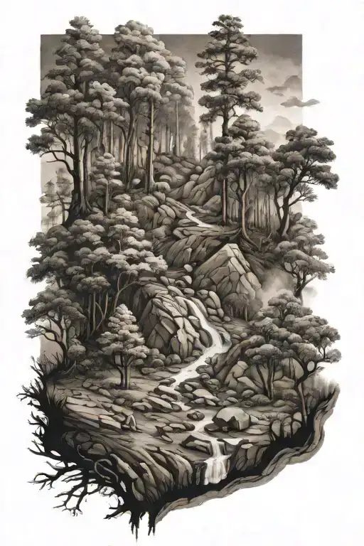 burned forest hillside slopes down towards tattoo design idea