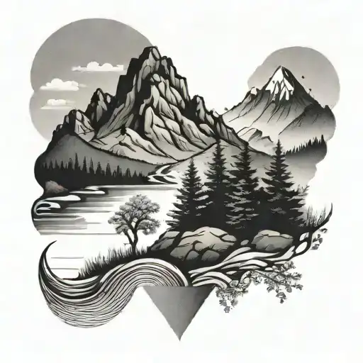 A dotwork tattoo of a serene landscape with mountains, trees, and a flowing river, representing your love for nature and traveling adventures tattoo design idea