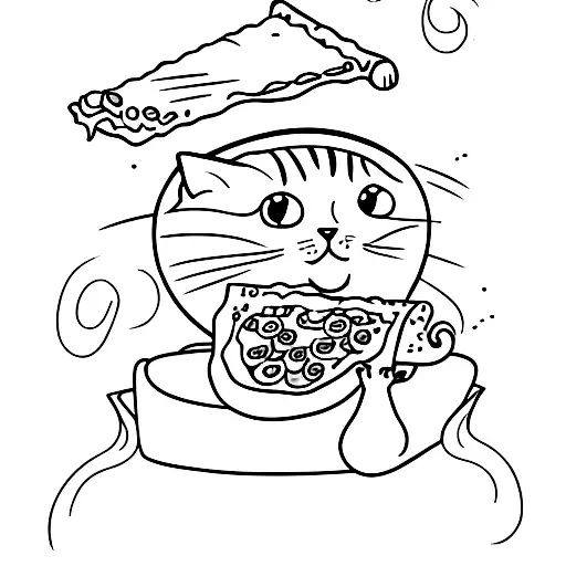 cat with pizza and wine tattoo design idea