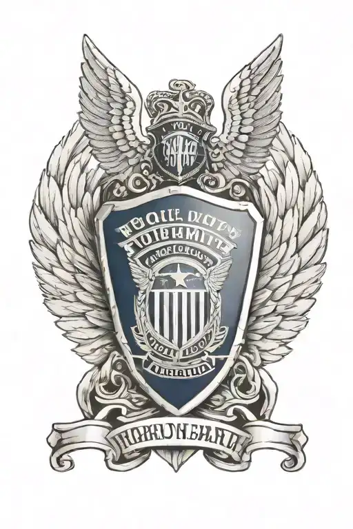 A police badge morphing into angel wings, surrounded by military insignia tattoo design idea