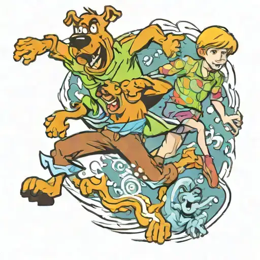scooby doo being chased by a ghost full body  tattoo design idea
