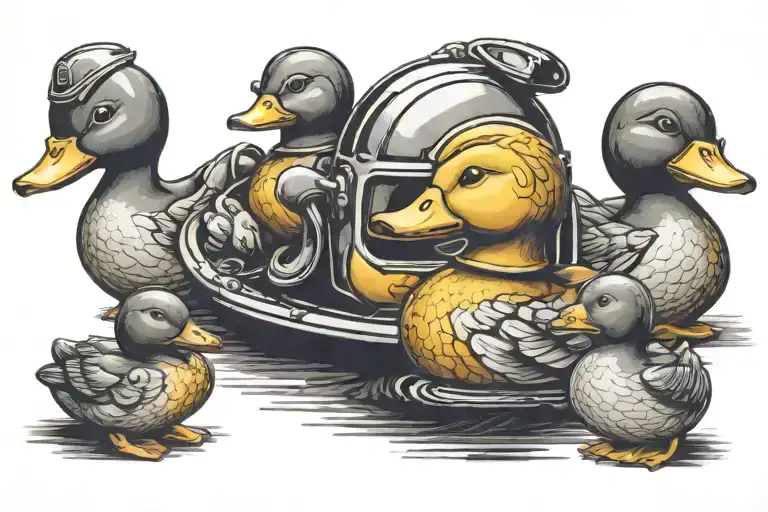 three rubber ducks in a row with one more facing the opposite way wearing a helmet tattoo design idea