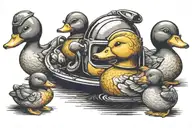 three rubber ducks in a row with one more facing the opposite way wearing a helmet tattoo design idea