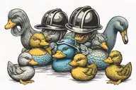 three rubber ducks in a row with one more facing the opposite way wearing a helmet tattoo design idea