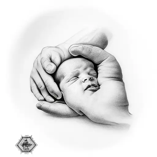 a baby's arm with a closed fist transmitting a "force" signal next to a human heart. tattoo design idea