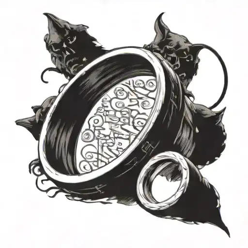 the One Ring with its inscription, inside of it, hobbit holes, the dark tower, and the fellowship of the ring marching  tattoo design idea