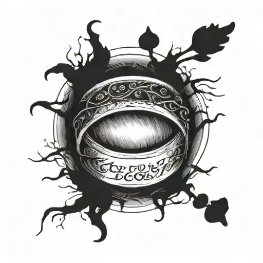 the One Ring with its mystical inscription, inside of it, the shire, the dark tower, and the fellowship of the ring tattoo design idea