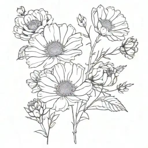 minimalist tattoo bouquet roses carnation aster cosmos flowers with stems fine line tattoo tattoo design idea