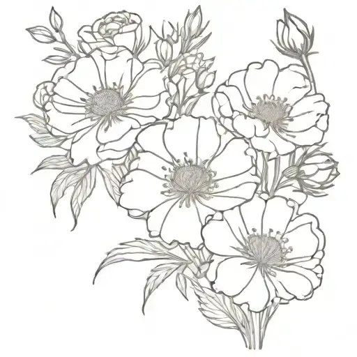 bouquet roses carnation aster cosmos flowers with stems fine line tattoo tattoo design idea