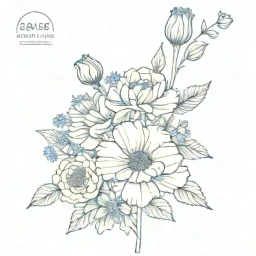 rose, carnation, cosmos and aster flower bouquet with name on stems tattoo design idea