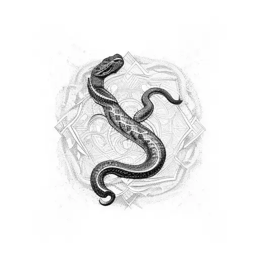 An intricate geometric design incorporating elements of shattered glass and a snake wrapped around a sword tattoo design idea