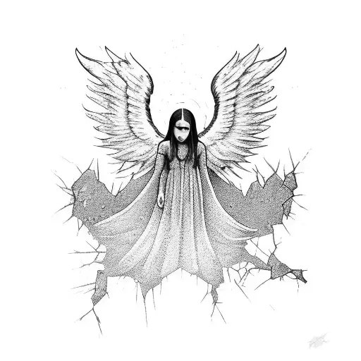 A angel rising from broken glass, signifying resilience and triumph over adversity tattoo design idea