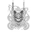 An intricate geometric design incorporating elements of shattered glass and a snake wrapped around a sword tattoo design idea