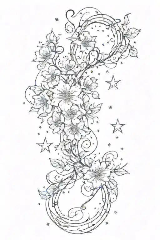 delicate, vertical design running along the spine, featuring an intertwining vine of flowers and a scattering of stars tattoo design idea