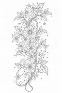 delicate, vertical design running along the spine, featuring an intertwining vine of flowers and a scattering of stars tattoo design idea