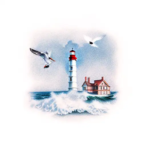 light house surrounded by the sea and 3 seagulls flying in the sky tattoo design idea