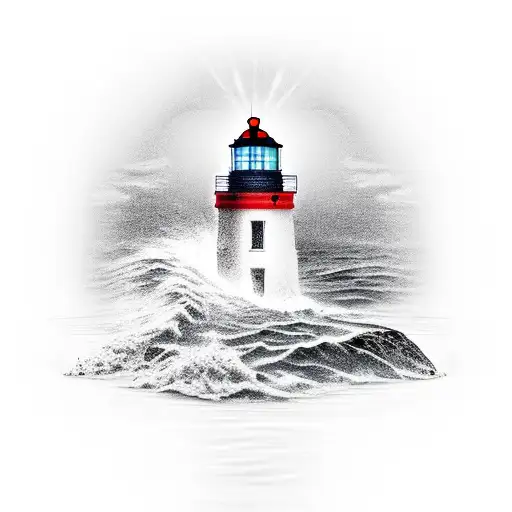 light house with rocky shore and the word pack hidden in contours of rock tattoo design idea