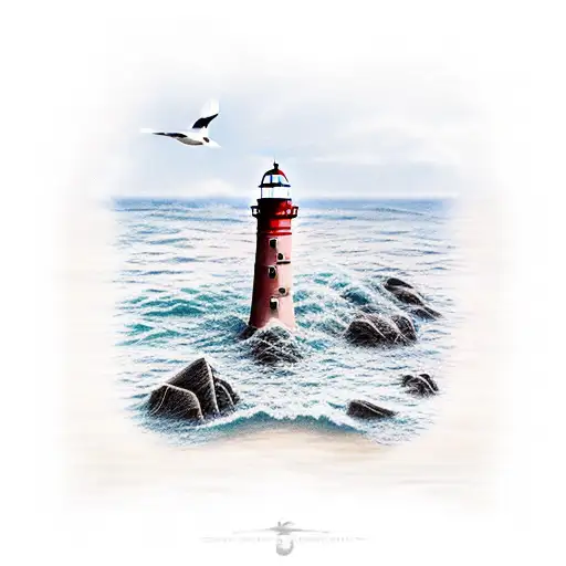light house on shallow rocks surrounded by the sea and a seagull flying in the sky tattoo design idea
