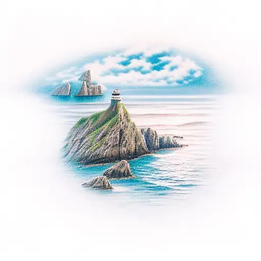 sea shore with cliffs and  seaguls tattoo design idea