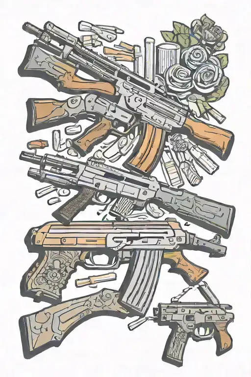 AK47 rifle with bullets and zastava M70 pistol and another ideas tattoo design idea