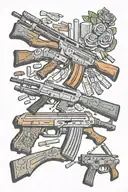AK47 rifle with bullets and zastava M70 pistol and another ideas tattoo design idea