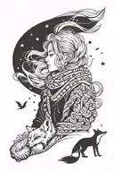 Little prince sitting with scarf blowing in the wind and fox next to him, minimalist landscape transforms into a woman's face tattoo design idea