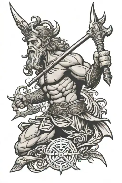 Zues Poseidon holding a trident thigh tattoo featuring tattoo design idea
