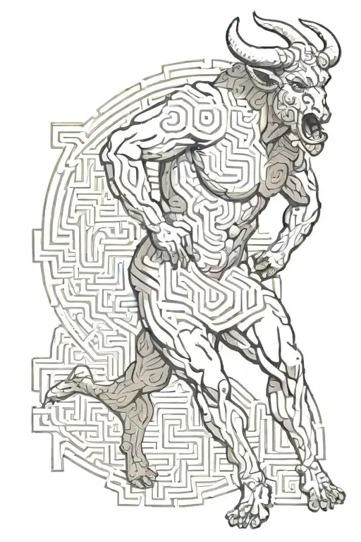 A modern interpretation of the Greek myth of the Minotaur, with a maze-like background tattoo design idea