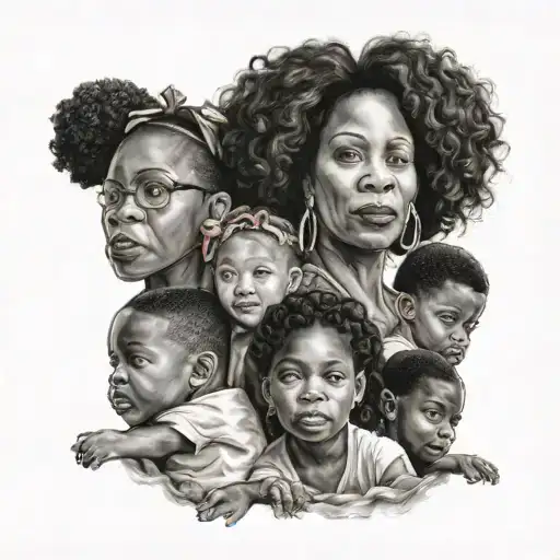 A tattoo of a strong black woman surrounded by children, showcasing your role as an aunt and educator tattoo design idea
