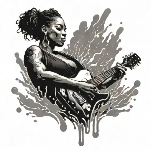 A powerful tattoo featuring a silhouette of a strong black female musician playing a guitar with water droplets falling around her tattoo design idea