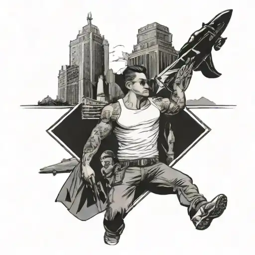 A bodyguard character traveling through iconic locations of Los Angeles, Paris, and Chile tattoo design idea